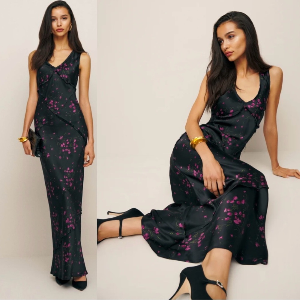 Sold X Camille Rowe Taylor Gown Maxi Dress in Girlie Black Floral Silk XS